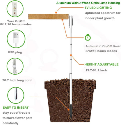 yadoker Plant Grow Light, LED Growing Light Full Spectrum for Indoor Plants,Aluminum Wood Grain Plant Lights,Height Adjustable, Automatic Timer, 5V Low Safe Voltage,Idea for Large Plant Light