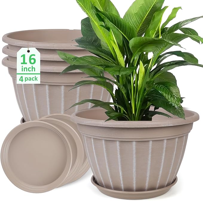 FGstyle 4 Pack 16 inch Plant Pots, Retro Vertical Stripe Planters with Drainage Holes and Saucer, Sturdy Plastic Garden Flower Pots for Indoor & Outdoor Plants(Beige)