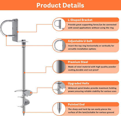 Eurmax USA Ground Anchors Heavy Duty Adjustable L-Shaped Head Shed Tent Stakes Trampoline Anchors, Trampoline Stakes for Sheds,Swing Sets,Mobile Home,Carports Set of 4(Silver)