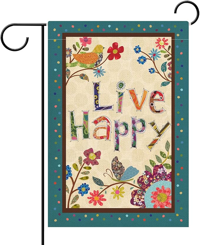 Hzppyz Live Happy Decorative Small Garden Flag Flower Bird, Spring Summer Inspirational Quote House Yard Outdoor Butterfly Floral Decor Double Sided, Fall Positive Farmhouse Outside Decoration 12 x 18