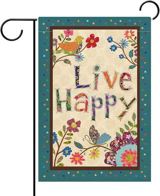 Hzppyz Live Happy Decorative Small Garden Flag Flower Bird, Spring Summer Inspirational Quote House Yard Outdoor Butterfly Floral Decor Double Sided, Fall Positive Farmhouse Outside Decoration 12 x 18