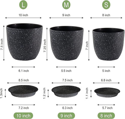 Plant Pots 10/9/8 inch, Set of 3 Modern Decorative Plastic Planters with Drainage Holes and Saucers for Garden House Plants, Flower Pots for Indoor Outdoor Plants, Speckled Black