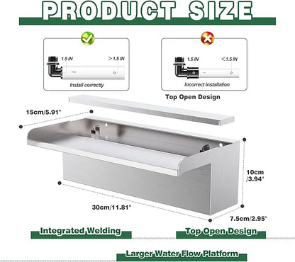 Waterfall Pool Fountain LONGRUNNEW 304 Stainless Steel 11.8" Rectangular Waterfall Spillway, Water Fall Fountain with Pipe Connector for Garden Outdoor, Swimming Pools, Fountains, Pond and Spa