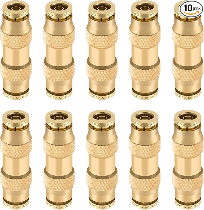1/4" Quick Push to Connect Fittings Brass Union Straight Joint DOT Approved 1/4 inch tube OD Air Line Adapter Air Spring Suspension Kit for Car Truck Trailers and Air Brake System 10pcs