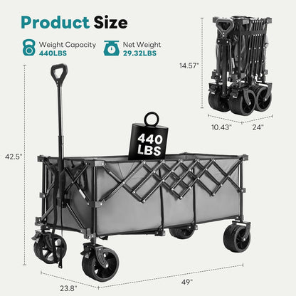 OLIXIS Collapsible Wagon Cart - 440lbs Foldable Extra Long Heavy Duty Utility Wagon with Wheels, Portable Storage Grocery Cart for Camping, Shopping, Sports, Beach, Garden (Grey, 48" L)