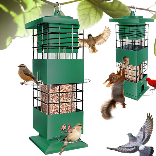 Squirrel Proof Bird Feeders for Outdoors Hanging, Large Capacity Gravity Protection Bird Feeders with 4 Feeding Ports, Metal Wild Bird Feeders for Outside, Finch, Cardinal, Blue Jay, 3.5Lbs