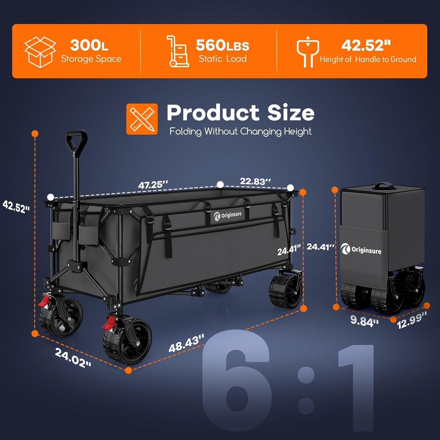 48" L Collapsible Wagon Cart Foldable, 560lbs Weight Capacity 300L Heavy Duty Folding Beach Wagons with Big All-Terrain Wheels, Utility Carts for Groceries, Shopping, Camping, Sports - Grey