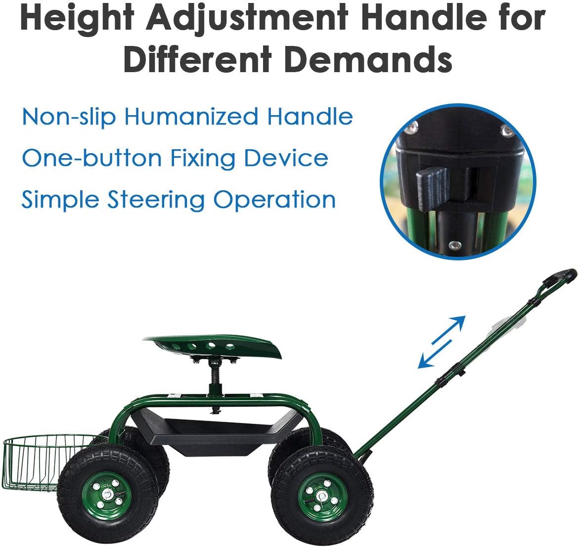 Goplus Rolling Garden Cart with Seat, Outdoor Garden Stool with Wheels, Tool Tray & Basket, Adjustable Steering Handle, 360 Degree Swivel Seat for Planting, Gardening Scooter for Lawn, Yard, Patio