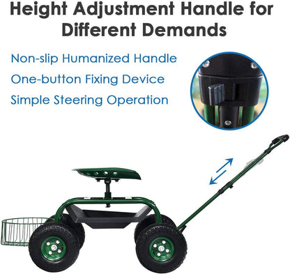 Goplus Rolling Garden Cart with Seat, Outdoor Garden Stool with Wheels, Tool Tray & Basket, Adjustable Steering Handle, 360 Degree Swivel Seat for Planting, Gardening Scooter for Lawn, Yard, Patio
