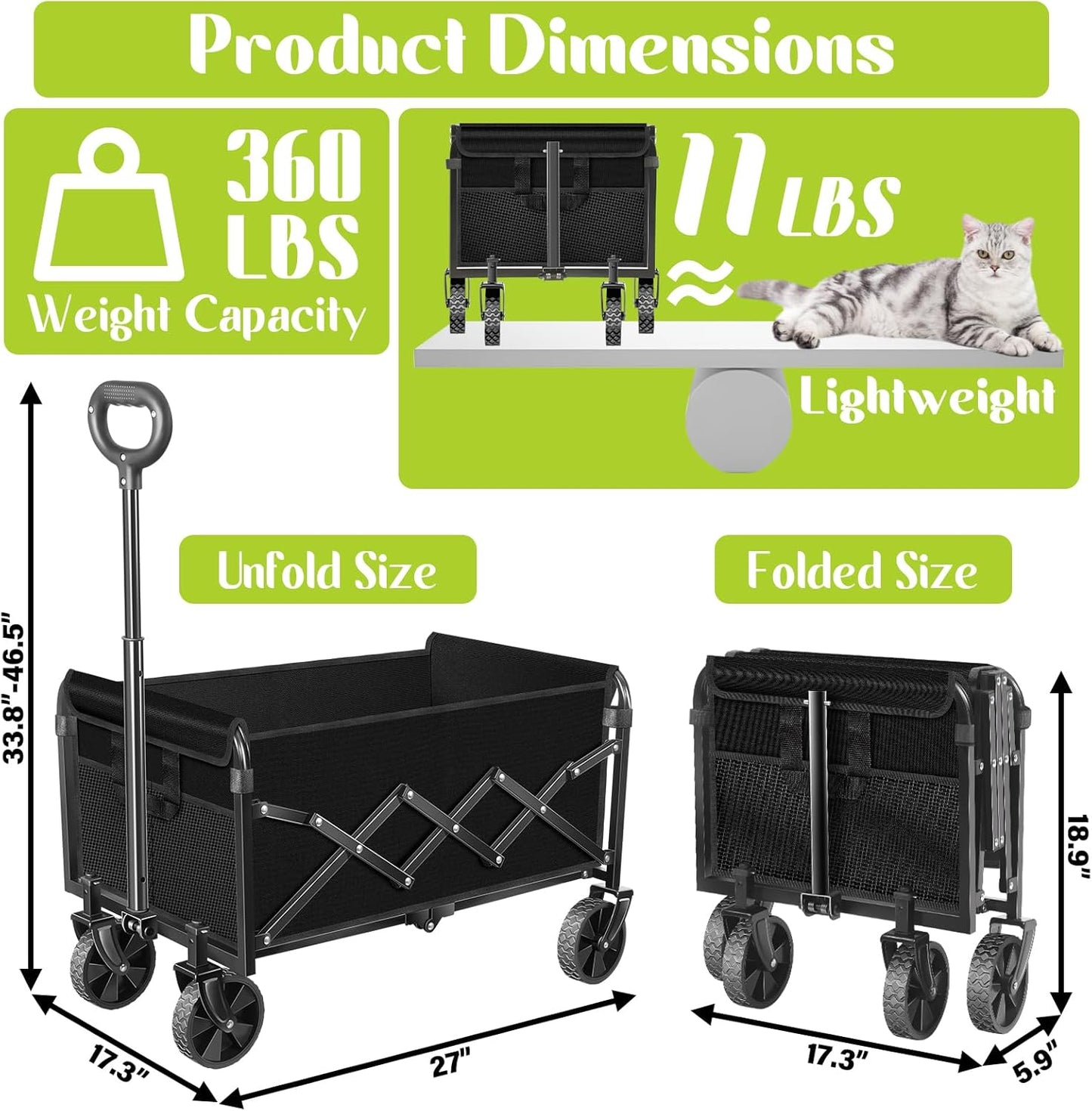 Wagons Carts Foldable, Collapsible Wagon with Wheels, Folding Wagons carts for Camp Sports Garden, Portable Utility Outdoor Wagon with 360lbs, Garden Cart for Groceries, Two Cup Holder, Black