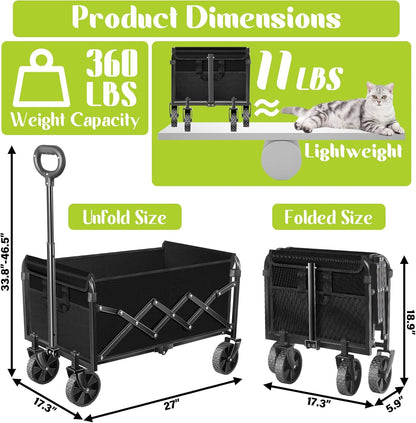 Wagons Carts Foldable, Collapsible Wagon with Wheels, Folding Wagons carts for Camp Sports Garden, Portable Utility Outdoor Wagon with 360lbs, Garden Cart for Groceries, Two Cup Holder, Black