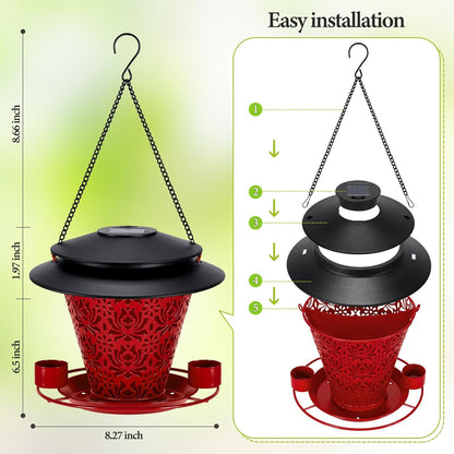 Solar Bird Feeders for Outside Hanging Metal Wild Bird Feeder Solar Lanterns Outdoor Waterproof Garden Decor for Yard red