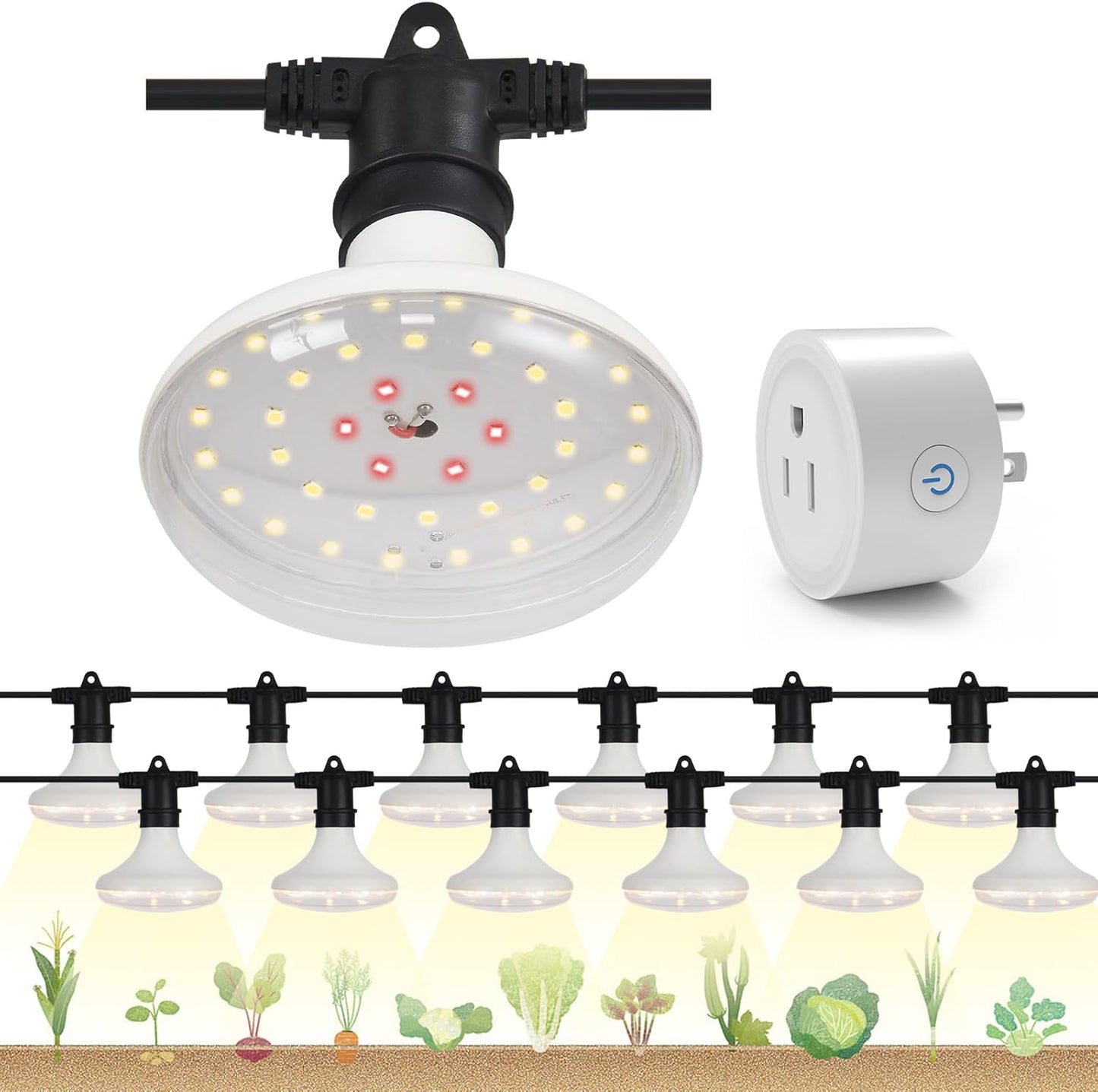 Outdoor Grow Lights Waterproof, Full Spectrum String Grow Light with 22FT Light String Cord for Seedling, Veg, Flower in Greenhouse, Garden, Backyard, Farm (12 Lights, with Smart Plug)