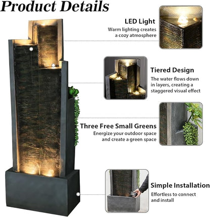 Modern Indoor Water Fountain,49.6" H Outdoor Garden Water Fountains Cascading Floor - Standing Tall Waterfall Outdoor Feature with LED Lights for Patio, Backyard, Deck, Porch and Home Art Decor