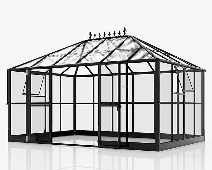HOWE 14x9.5x9 FT Pavilion Styled Greenhouse with Clear Panels Double Swing Doors, 6 FT Wall Height Hybrid Polycarbonate Greenhouse, Green Houses for Outdoors, Sunroom Black