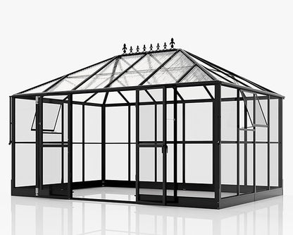 HOWE 14x9.5x9 FT Pavilion Styled Greenhouse with Clear Panels Double Swing Doors, 6 FT Wall Height Hybrid Polycarbonate Greenhouse, Green Houses for Outdoors, Sunroom Black