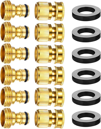 Garden Hose Quick Connector, 6 Sets Solid Brass Quick Connect 3/4 Inch GHT Thread Fitting Connect Kit No-Leak Water Hose Connectors (Female+Male)
