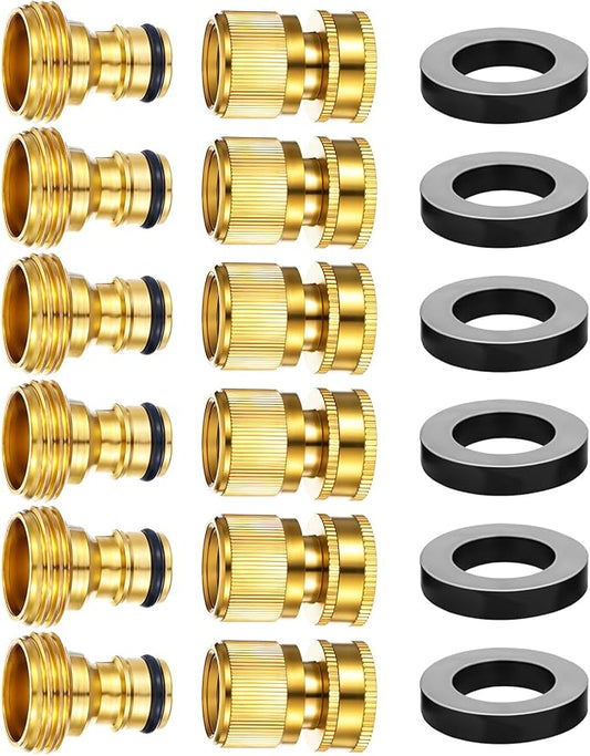 Garden Hose Quick Connector, 6 Sets Solid Brass Quick Connect 3/4 Inch GHT Thread Fitting Connect Kit No-Leak Water Hose Connectors (Female+Male)