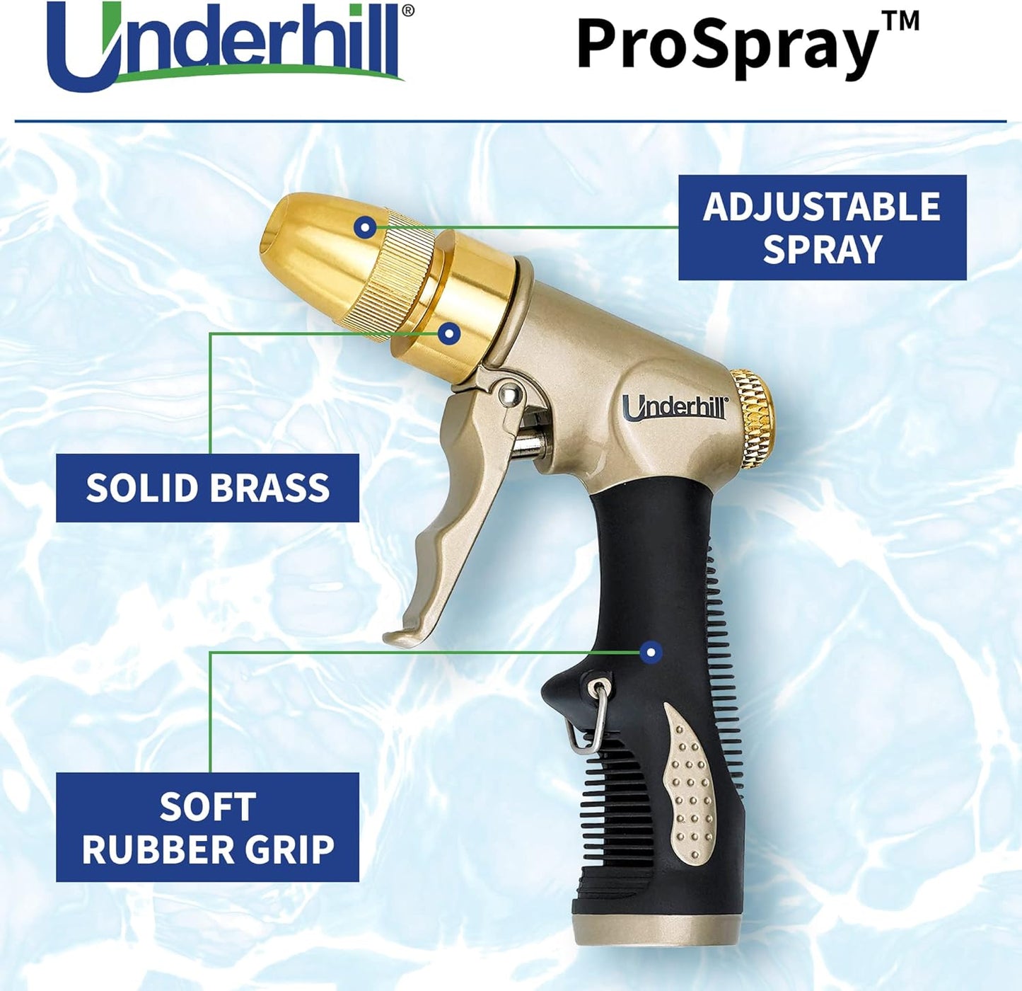 Underhill Prospray Gold Series Garden Water Hose Gun Nozzle Sprayer Head, 3/4-Inch Thread Inlet, Jet Attachment, Heavy-Duty Metal, Adjustable, NG200-P