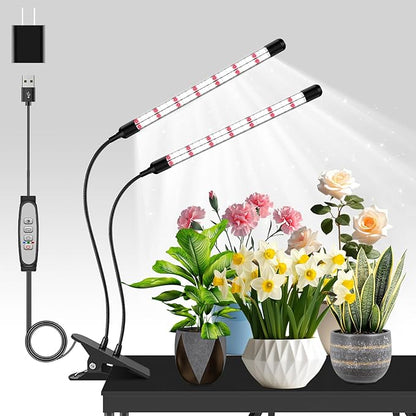 2 Head Grow Lights for Seed Starting, Full Spectrum Grow Lights for Indoor Plants with 6/12/18H Timer, V-Shaped Design Light, 5 Dimmable Level, Plant Lamp Clip-on Desk for Indoor Plant Growing