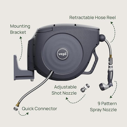 Vego Garden Hose Reel Retractable Hi-Flow Wall Mounted Hose Reel Automatic Rewind, Any Length Lock with 9 Patterns Sprayer Nozzle, Quick Connector and Adjustable shot Nozzle (Tidepool Blue, 100ft)