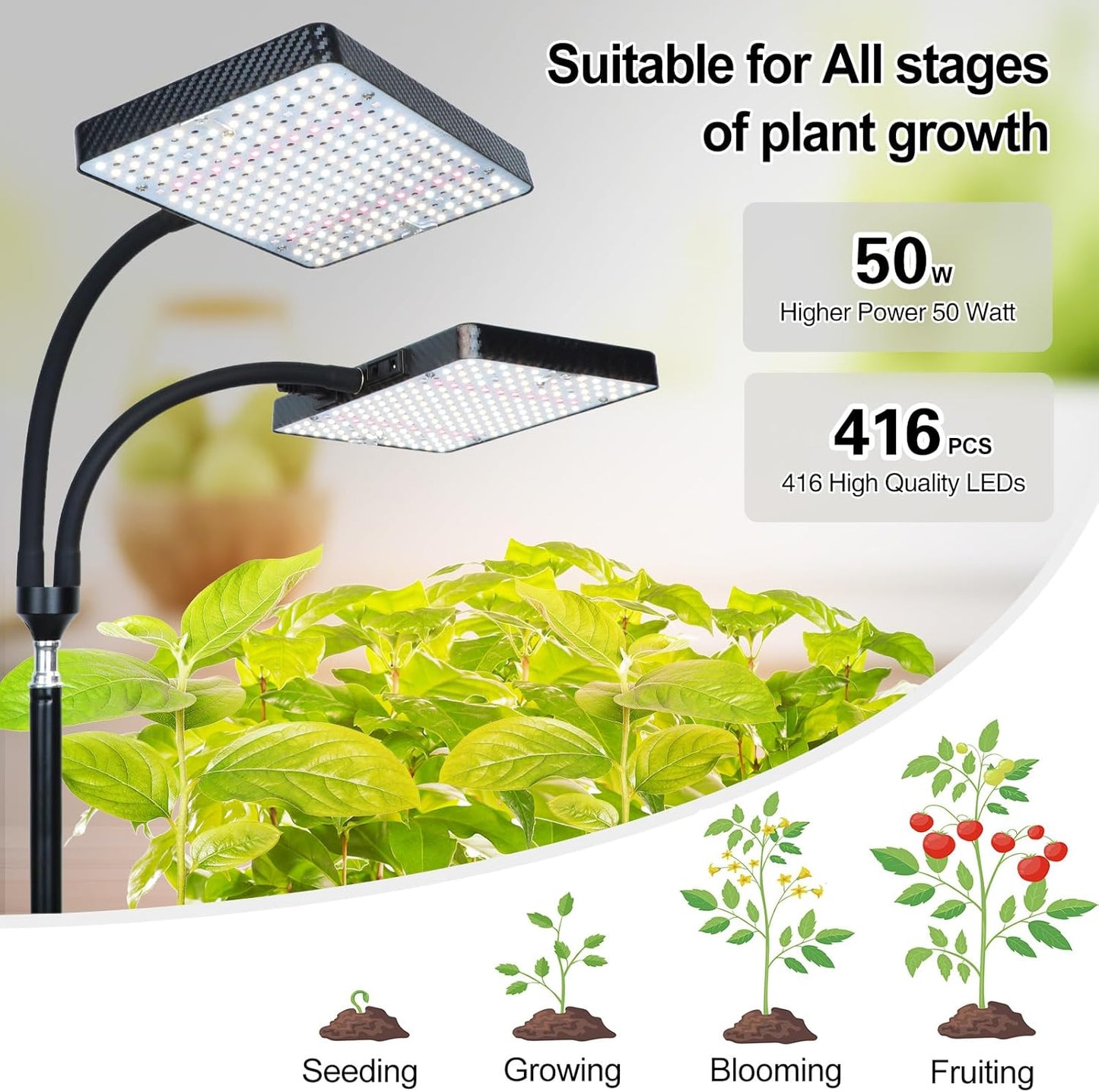 Grow Light with Stand, Orchbloom Grow Lights for Indoor Plants 50W, Natural Sunlight Full Spectrum Plant Growing Lamps for Houseplants & Bonsai Tree, 4/8/12 Hr Timer Plant Light Auto On/Off Everyday