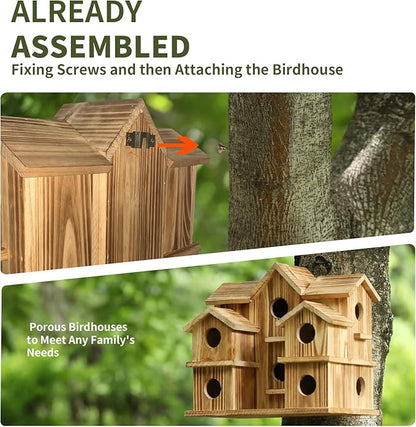 Bird Houses for Outside 10 Hole Bird House Room for 10 Bird Families Large Bird House for Garden/Courtyard/Backyard Decor Finch Bluebird Cardinals Handmade Hummingbird House