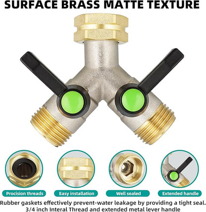 2 Way Hose Splitter, Brass High Flow Garden Hose Splitter Heavy Duty, Hose Connector, Water Spigot Splitter, Full Flow Faucet Splitter with shutoff, 3/4” GHT Inlet