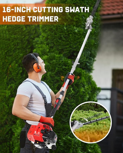 Powerful 52cc 5 in 1 Multi Functional Trimming Tools,Gas Hedge Trimmer,Weed Eater,String Trimmer, Brush Cutter,Pole Saw Chainsaw with Extension Pole, Rubber Handle & Shoulder Strap Included Red
