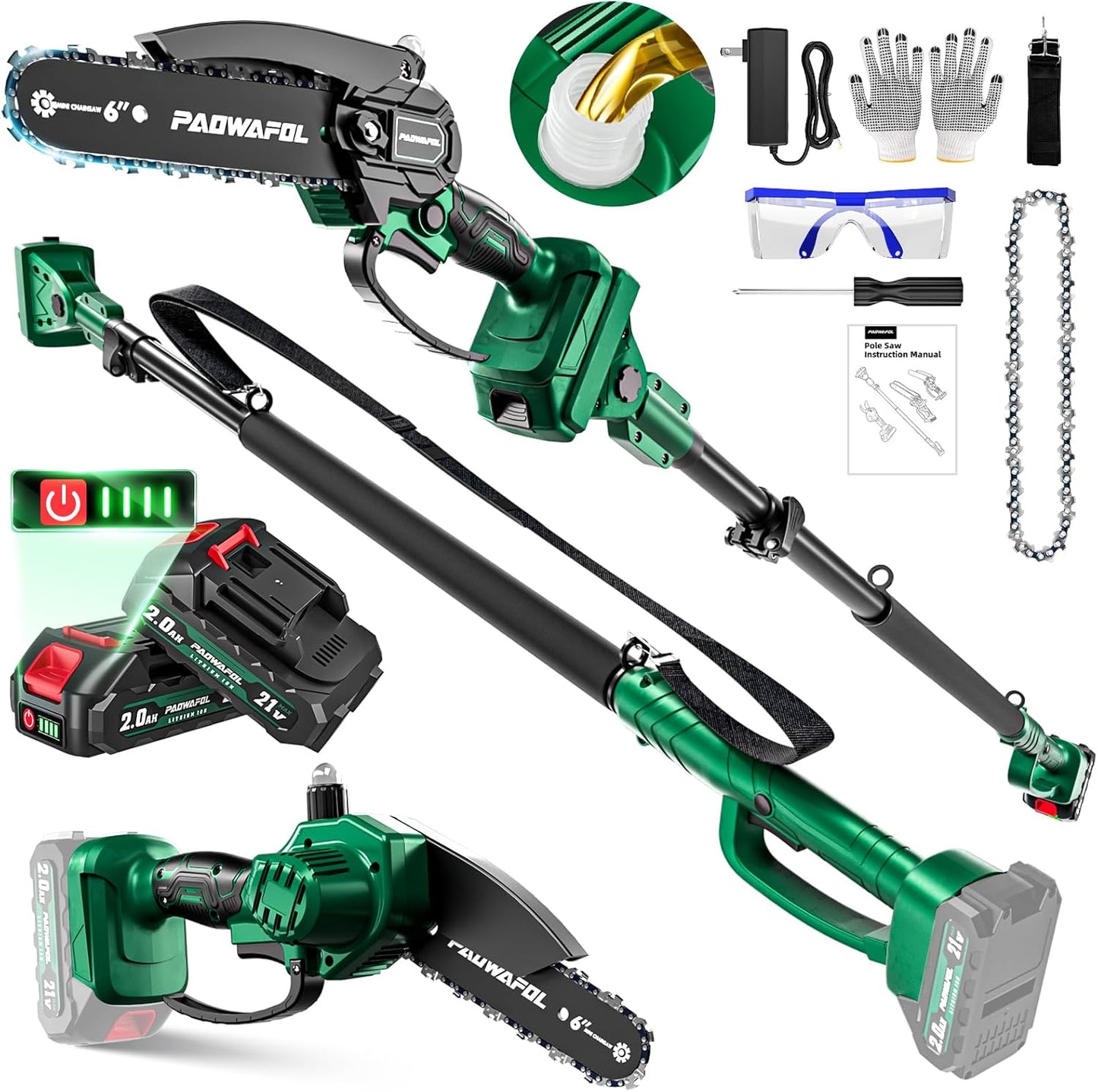 2-in-1 Pole Saws for Tree Trimming, Brushless Mini Chainsaw 6 Inch with Extension Pole, Electric Pole Saw with 2*2.0 Ah Battery Powered Pole Chainsaw, Electric Tree Trimmer for Branch Cutting