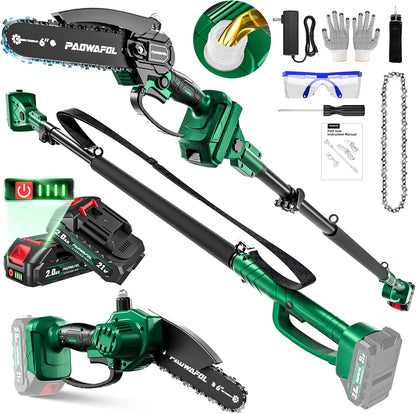 2-in-1 Pole Saws for Tree Trimming, Brushless Mini Chainsaw 6 Inch with Extension Pole, Electric Pole Saw with 2*2.0 Ah Battery Powered Pole Chainsaw, Electric Tree Trimmer for Branch Cutting