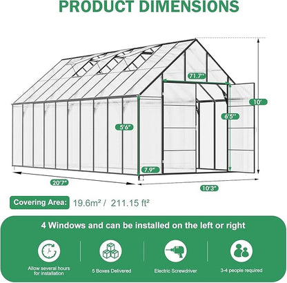 CDCASA 10x20 FT Greenhouse for Outdoors,Large Easy Assembly Large Polycarbonate Greenhouse Aluminum Greenhouses w/4 Vents Window, Swing Door Walk-in Green House for Ouside,Backyard,Garden, Black