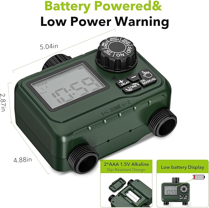 BN-LINK Sprinkler Timer Outdoor - 2 Zone Programmable Water Timer with Rain Delay, Automatic Irrigation System for Lawns & Garden Hoses - Waterproof Manual Controller with Large LCD Display