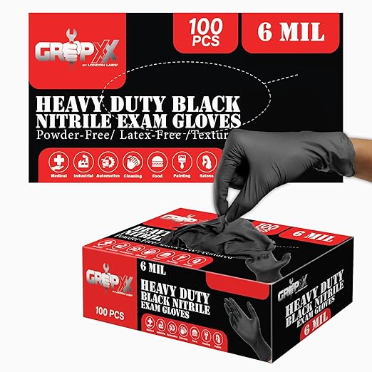 Heavy Duty 6 Mil Black Nitrile Gloves - Disposable, Latex & Powder Free | Mechanic, Food Prep & Tattoo | Rubber Gloves for Cooking, Cleaning & Household | Pack of (200)