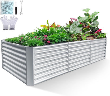 8x4x2ft Galvanized Raised Garden Bed, Planter Raised Garden Boxes Outdoor, Large Metal Raised Beds for Gardening, Garden Bed for Vegetables, Flowers, Herb, Silver