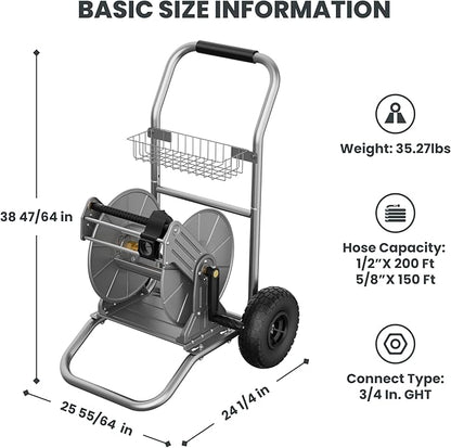 Giraffe Tools Garden Hose Reel Cart with Wheels, Heavy Duty Metal Water Hose Reel Cart, 200 ft of 1/2 Capacity, Mobile Hose Reel Cart for Outside