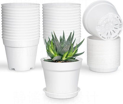 28 Pack 4 inch Small Plant Pots, Plastic Planters with Drainage Holes and Saucers for Flowers Plants, Succulents, Seed Starting Pots, White