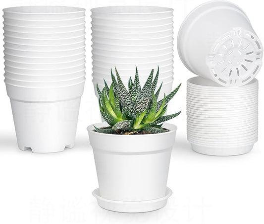 28 Pack 4 inch Small Plant Pots, Plastic Planters with Drainage Holes and Saucers for Flowers Plants, Succulents, Seed Starting Pots, White