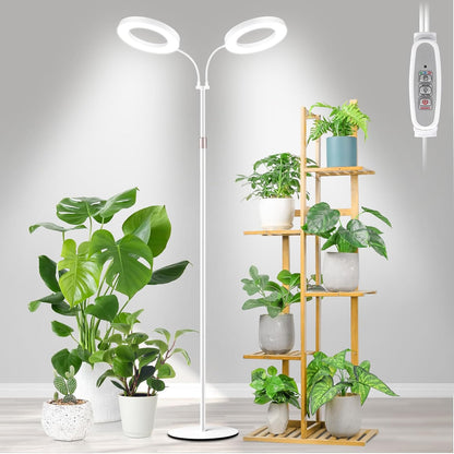 LBW Dual-Head Full Spectrum Grow Light with Stand – Adjustable Height (48.8-64.6"), Auto Cycle Timer (4/8/12H), 4 Brightness Levels, for Large Indoor Plants (White)