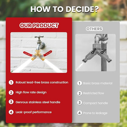 Garden Hose Splitter 2 Way Heavy Duty - Solid Brass Hose Y Splitter with Stainless Steel Long Handle, 3/4" GHT Thread for High Flow Rates & Leak-Free Connection