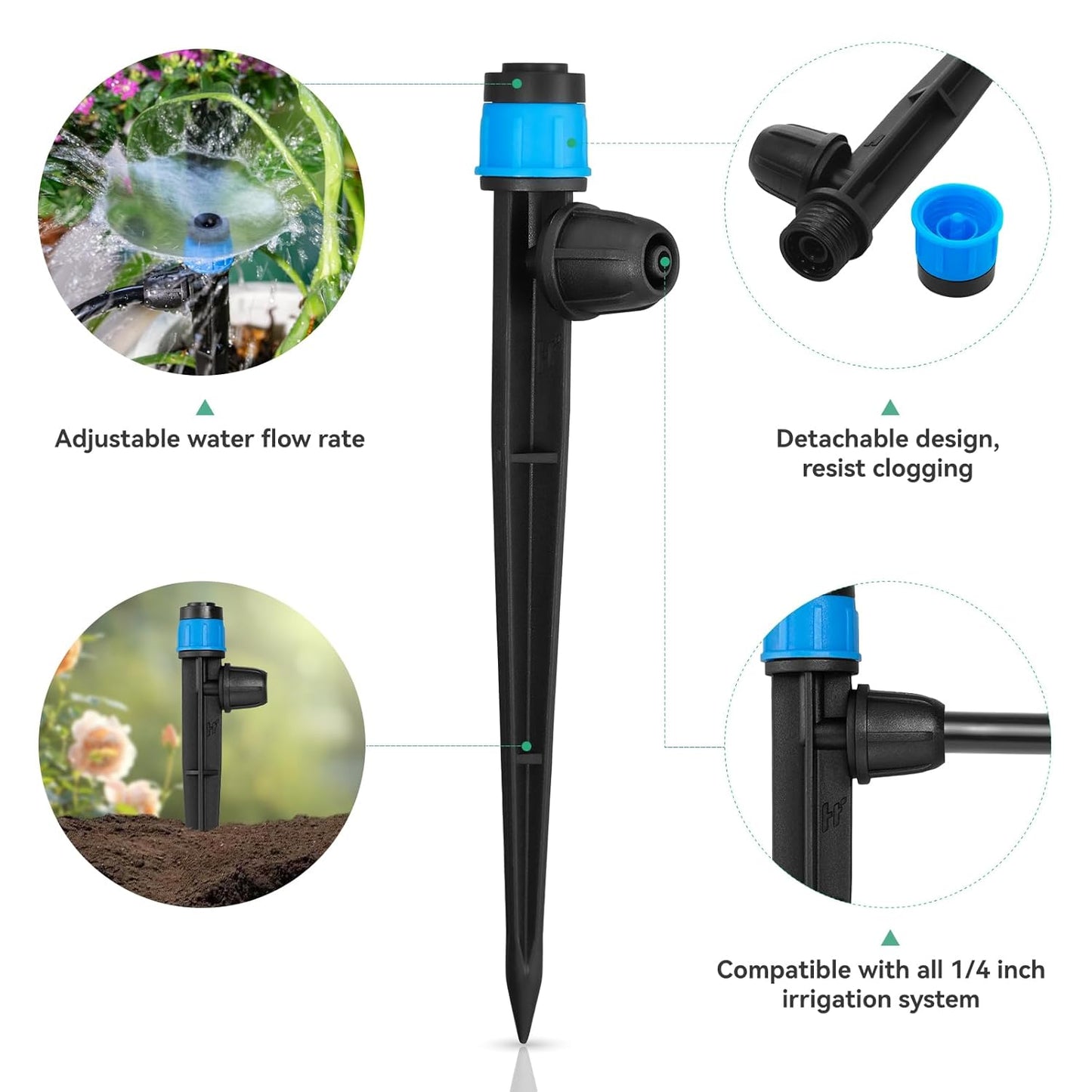 Drip Irrigation Emitters for 1/4" Tubing: Adjustable 360 Degree Water Flow Drippers with Lock Barbed - Drip Spray Emitters Parts for Garden Watering System (25pcs)