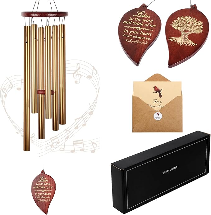 Golden Wind Chimes for Outside Deep Tone Aluminium Windchimes Outdoors Memorial Wind Chime for Loss of Loved One Mom Bereavement Memorial Gifts Sympathy Wind Chimes Patio Decor Grief Gifts for Women