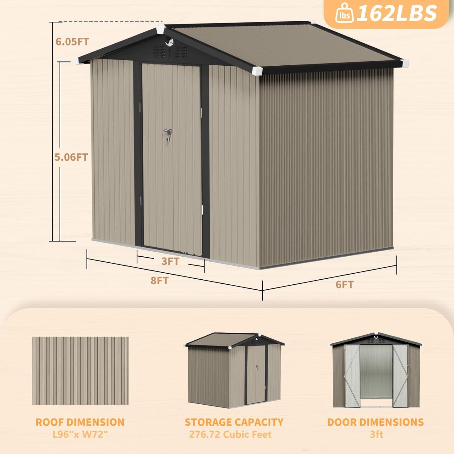 8x6 FT Outdoor Storage Shed,Metal Tool Sheds,Waterproof Outside Storage Shed,Large Storage Building with Lockable Door