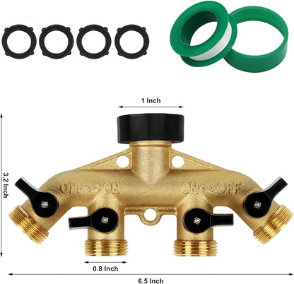 4 Way Brass Hose Splitter, 3/4" Brass Hose Faucet Manifold, Garden Hose Adapter Connector