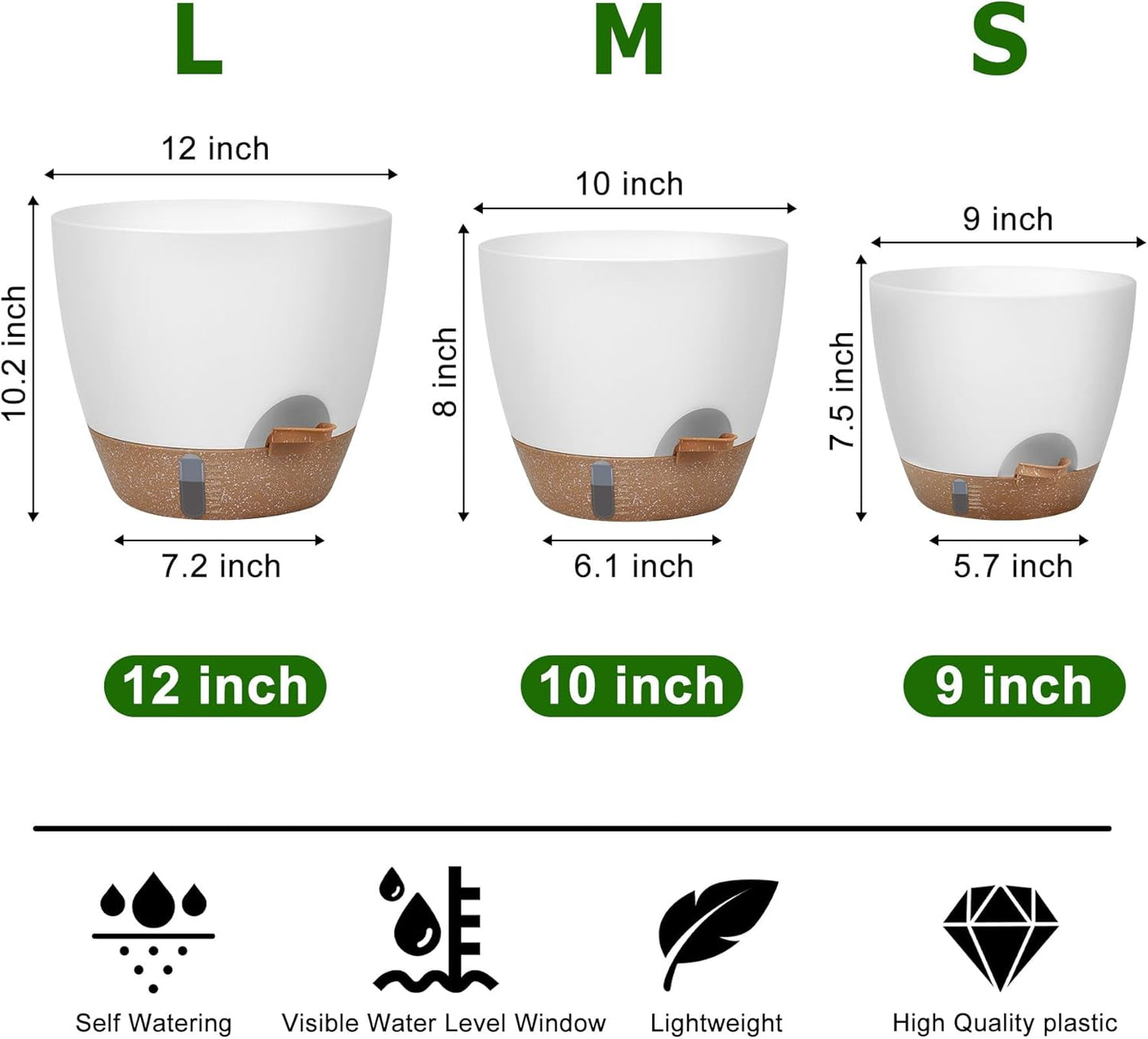 Self-Watering Plant Pots with Water Level Indicator, Drainage Holes & Saucers – 12/10/9 Inch Large Plastic Planter Set for Indoor & Outdoor Plants (White)