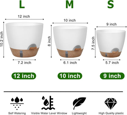 Self-Watering Plant Pots with Water Level Indicator, Drainage Holes & Saucers – 12/10/9 Inch Large Plastic Planter Set for Indoor & Outdoor Plants (White)