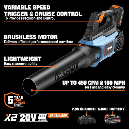 SENIX 20V Max Leaf Blower, Cordless, Brushless, Handheld, Up to 450 CFM and 100 MPH, 2 Speed Mode, Cruise Control, Lightweight, 5.0 Ah Battery and Charger Included (BLAX2-M3)
