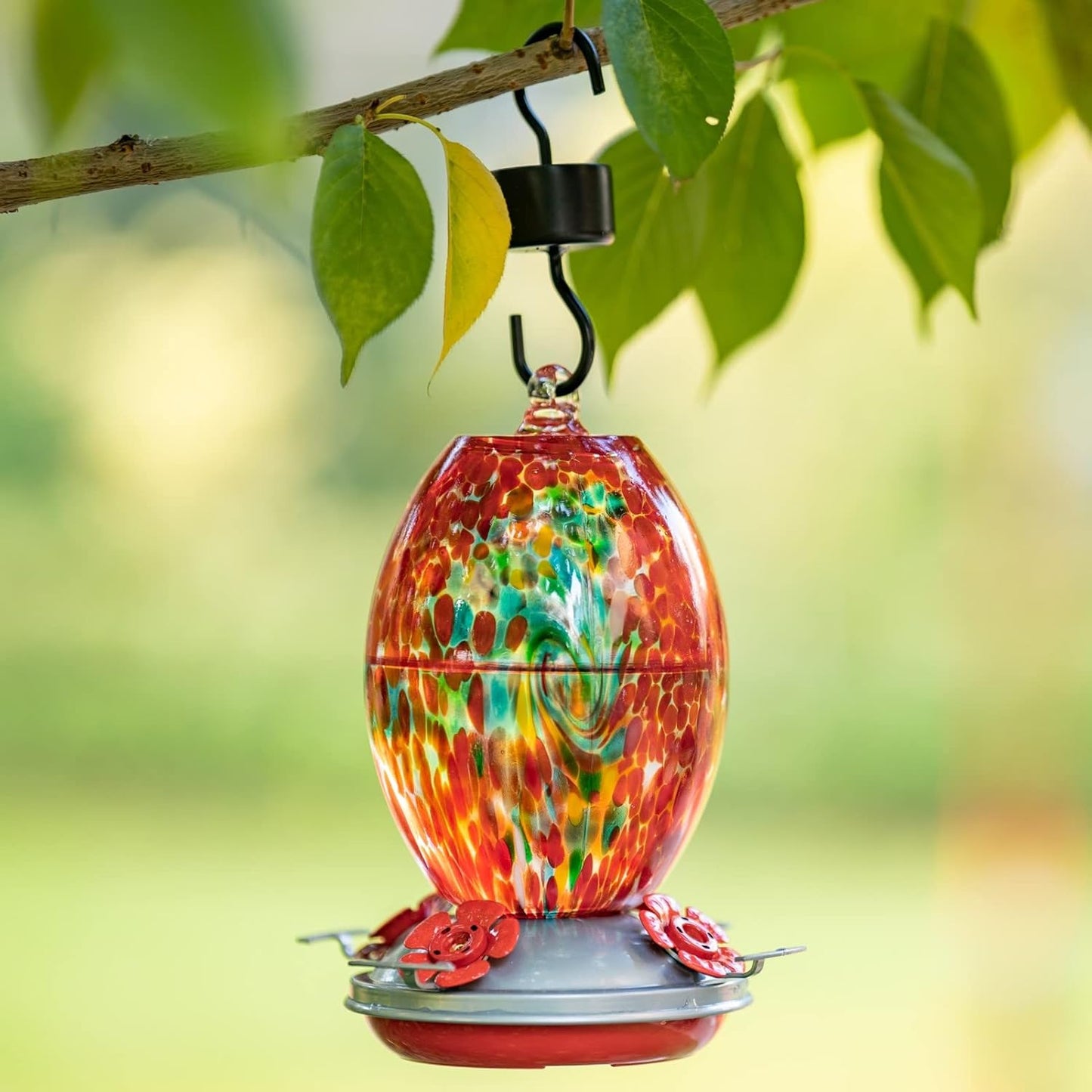 Muse Garden Glass Humming Bird Feeders for Outdoors - 27OZ Blown Glass Hummingbird Feeder - Unique Gift for Mom Women Grandparents, Outdoors Hanging Garden Decor, Includes Ant Moat & Brush, Red Swirl