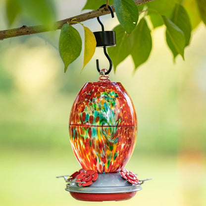 Muse Garden Glass Humming Bird Feeders for Outdoors - 27OZ Blown Glass Hummingbird Feeder - Unique Gift for Mom Women Grandparents, Outdoors Hanging Garden Decor, Includes Ant Moat & Brush, Red Swirl