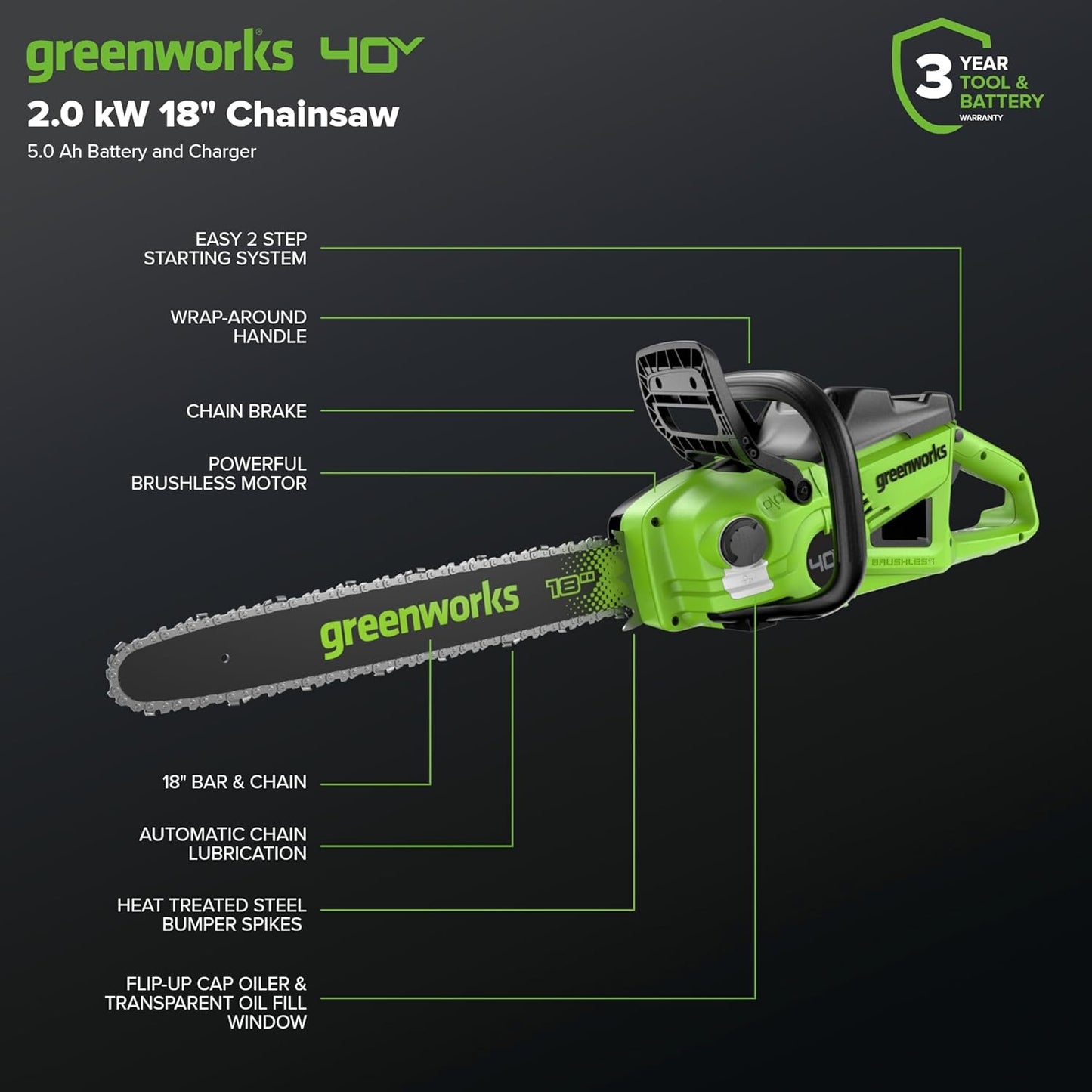 Greenworks 40V HP 18" BL Chainsaw Kit with 5.0Ah HP Battery and 5A Rapid Charger